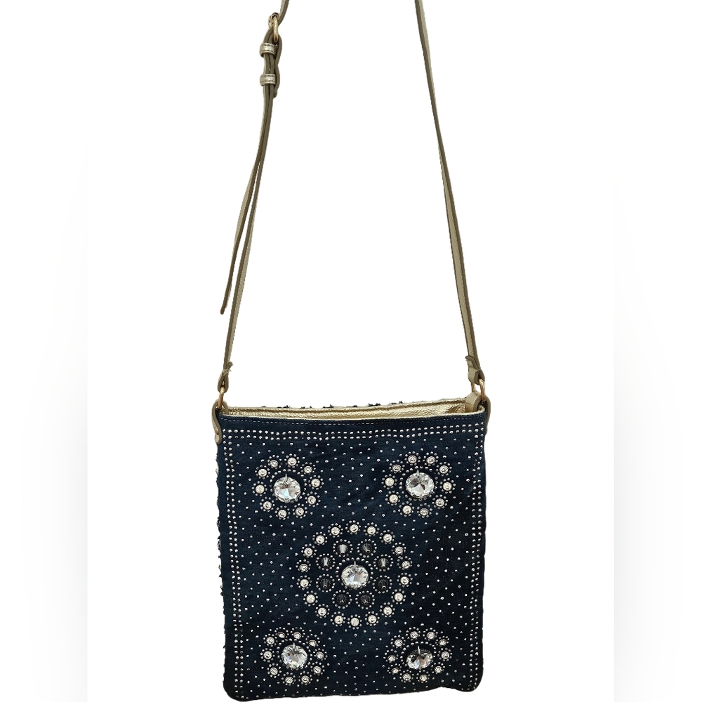 Crossbody Bag Denim with Crystals Rhinestone Studded Gold Metallic Weaving Back